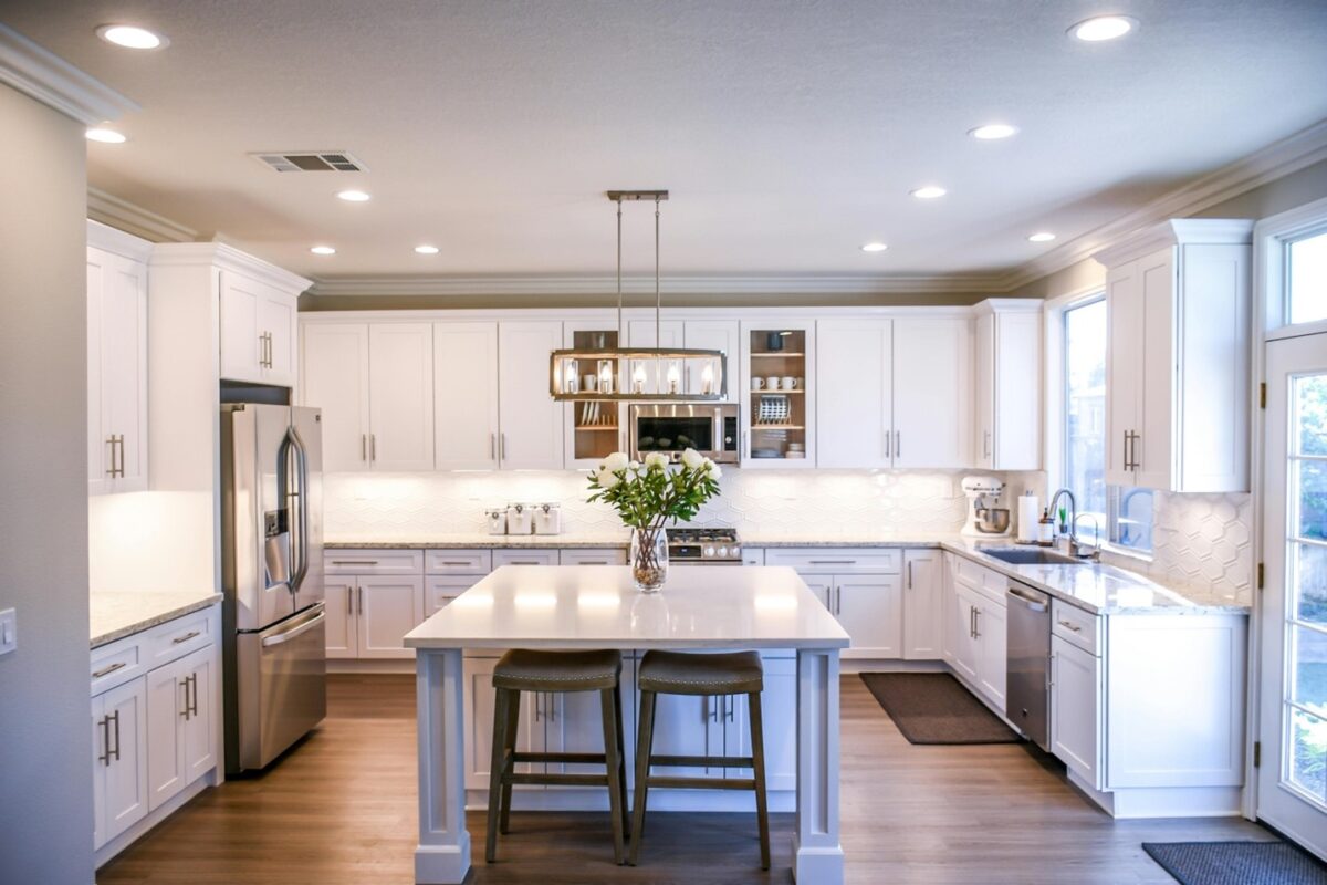 Modern kitchen with white cabinets and island.