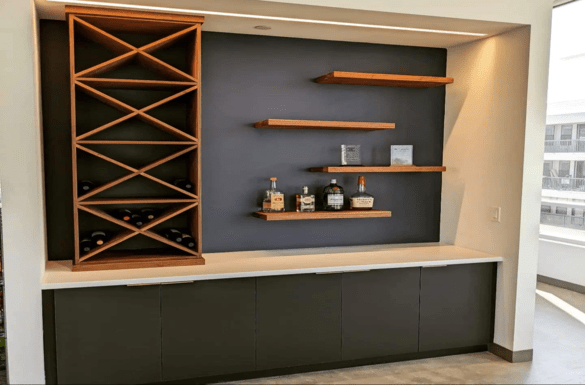 Modern bar with wine rack and shelves.